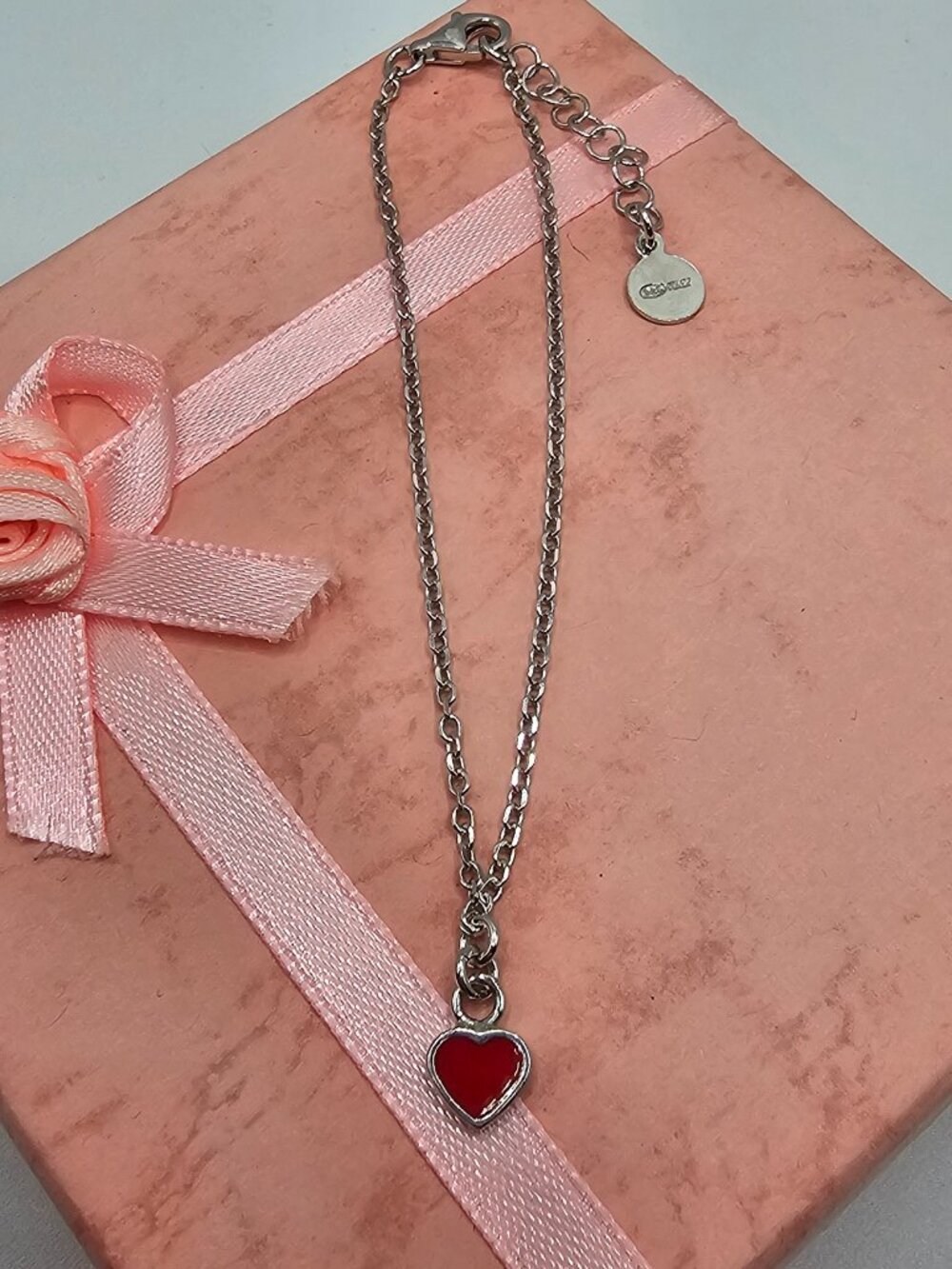 Sterling Silver 925 Rhodium Plated Rolo Link Red Enamel Heart Bracelet - Picture 10 of 15